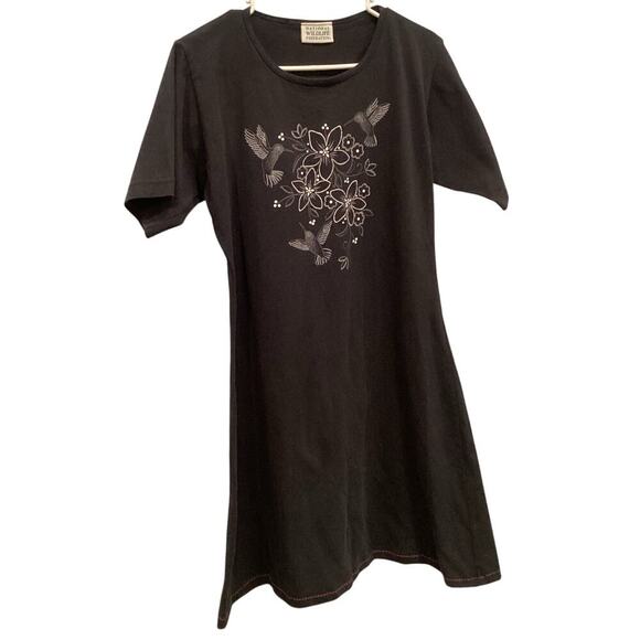 Vtg National Wildlife Federation Womens Dress L XL Large Black White Hummingbird - Picture 1 of 8